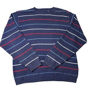 Basic Editions Mens‎ Large Navy Blue Striped Cotton Knit Crewneck Sweater L